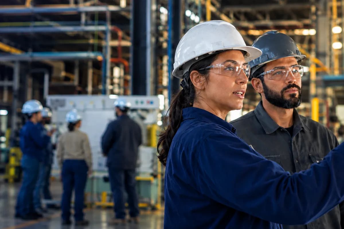 Profissionais de operação industrial em treinamento técnico presencial